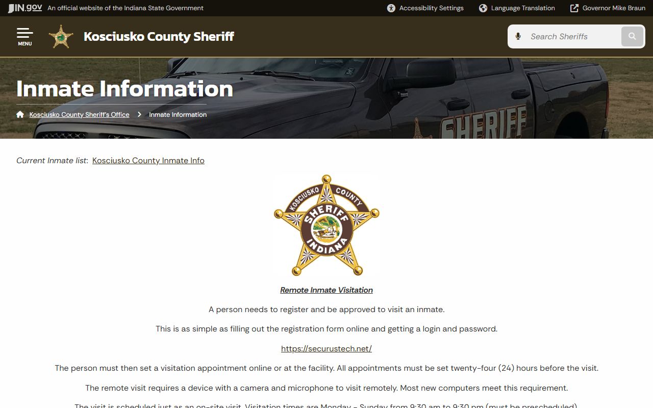 Kosciusko County inmate information page for jail roster and visitation