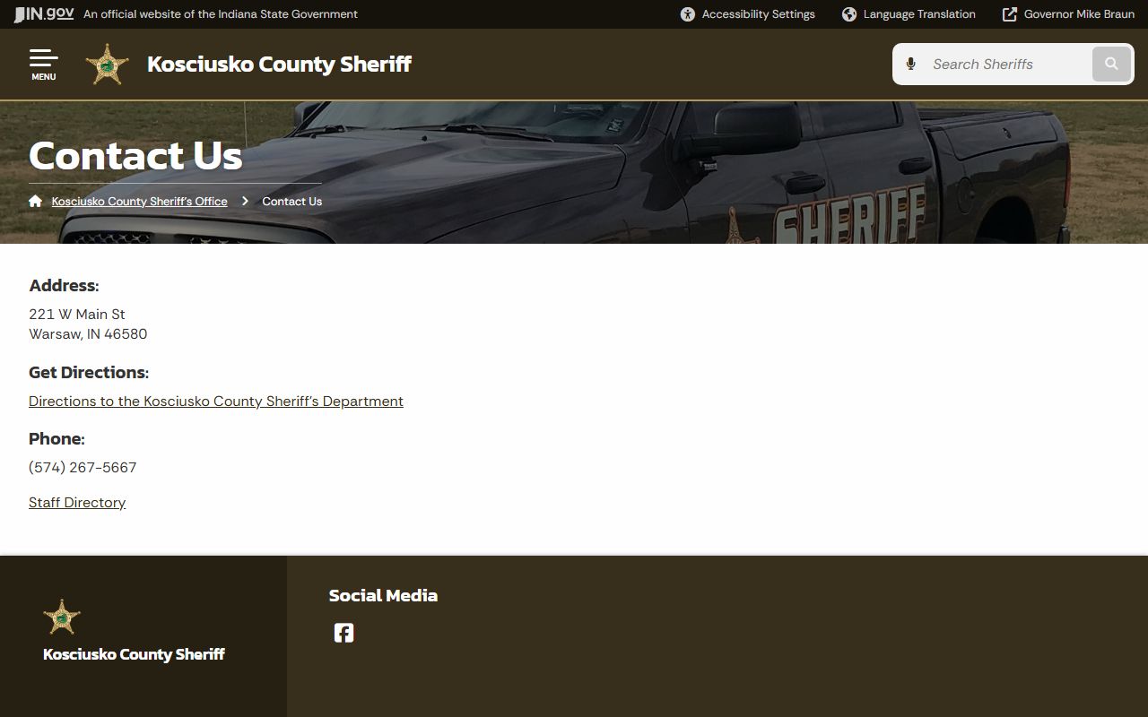 Kosciusko County sheriff contact page with 221 W Main St address and main phone