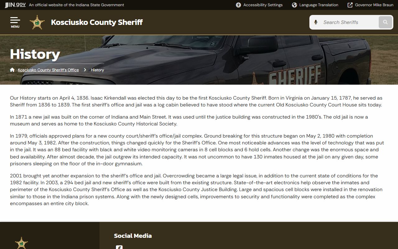Kosciusko County sheriff history page describing jail growth and the 294-bed facility
