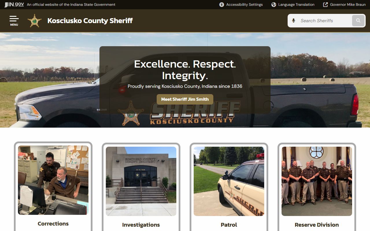 Kosciusko County Sheriff's Office home page with inmate information and non-emergency phone details