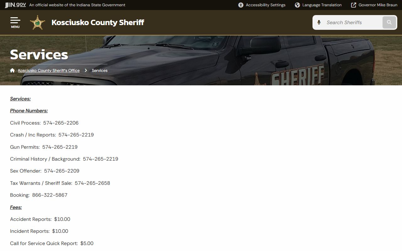 Kosciusko County Sheriff services page with records phone numbers and report fees